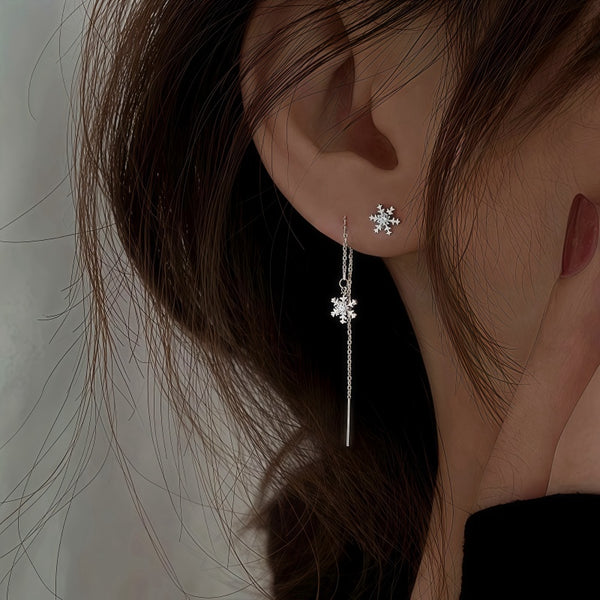 Sterling Silver Diamond Winter Snowflake Threader Earrings