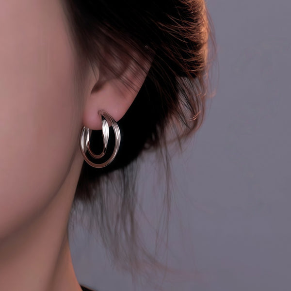 Sterling Silver Double-Layer C-Shaped Earrings