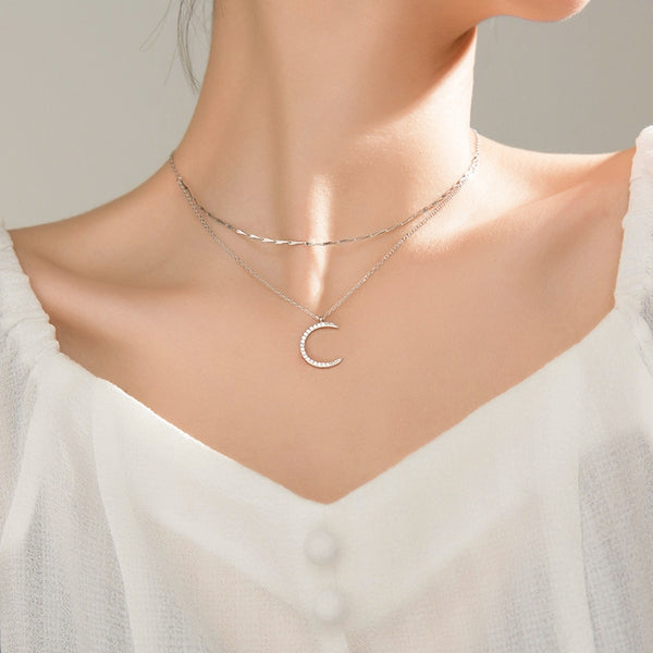 Sterling Silver Double-Layer Diamond Bling Moon Necklaces