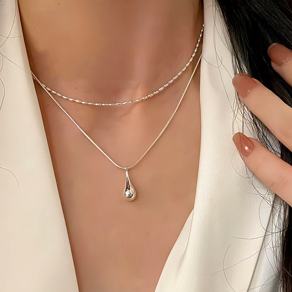 Sterling Silver Double-Layer Water Drop Necklace