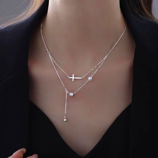 Sterling Silver Double Layer Stacked Cross Pearl Necklaces
