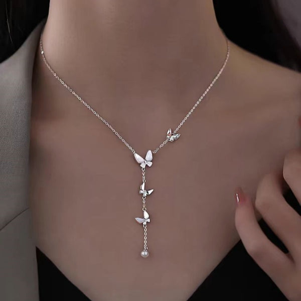 Sterling Silver Elegant Diamond Butterfly Pearl Necklaces