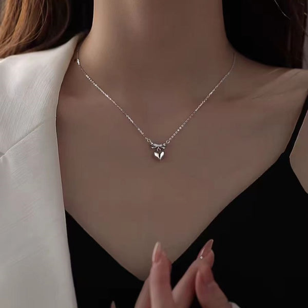 Sterling Silver Elegant Heart-Design Bow Necklaces