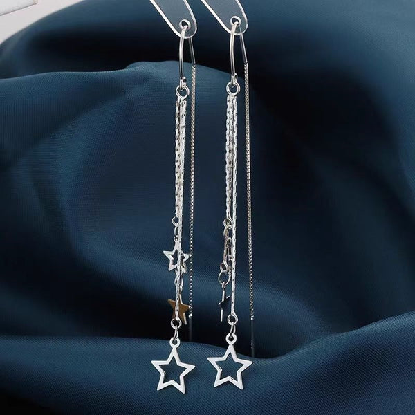 Sterling Silver Elegant Long Star Threader Earrings