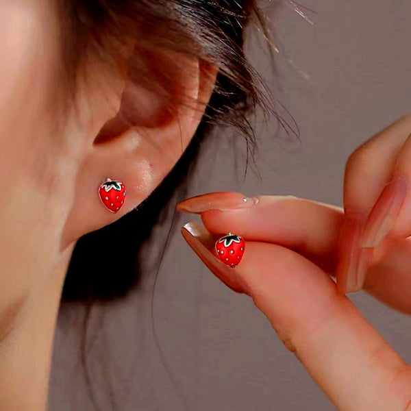 Sterling Silver Elegant Red Strawberry Fruit Earrings