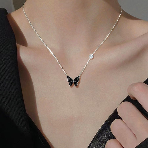 Sterling Silver Elegent Black And Blue Butterfly  Necklaces