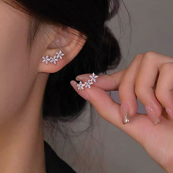 Sterling Silver Five-Petal Flower Diamond Stud Earrings