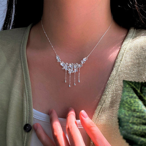 Sterling Silver Flower Water Drop Tassel Necklace