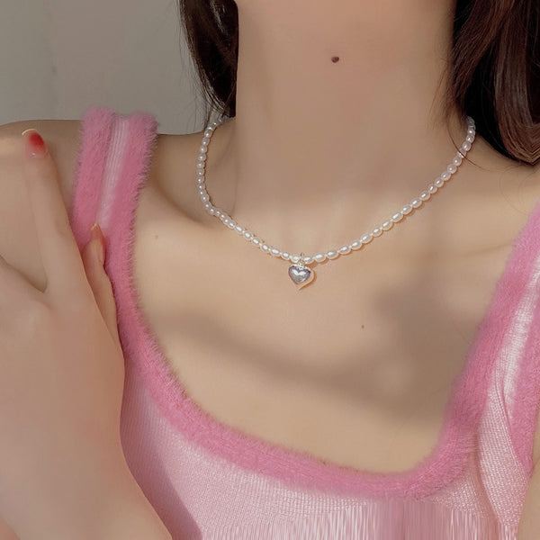 Sterling Silver Heart-Design Artificial Pearl Necklaces