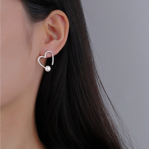Sterling Silver Heart-Design Artificial Pearl Stud Earrings