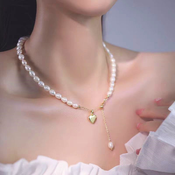 Sterling Silver Heart-Design Natural Pearl Earrings
