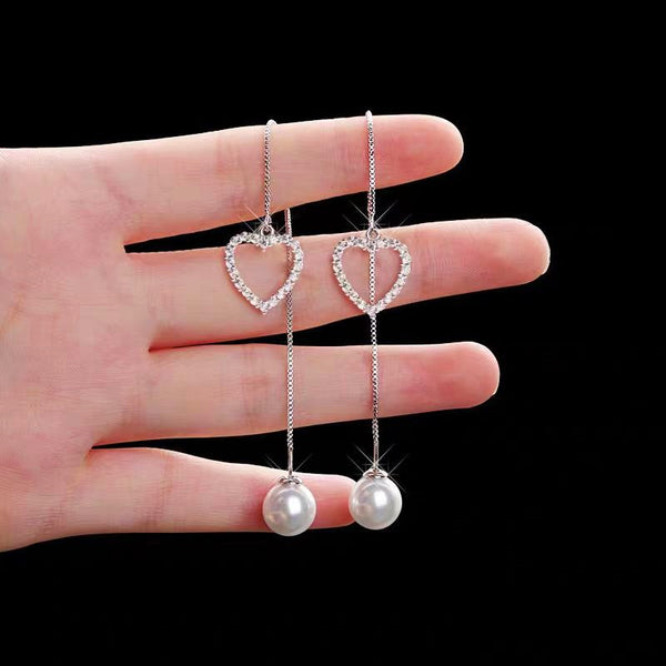Sterling Silver Heart-Design Pearl Threader Earrings