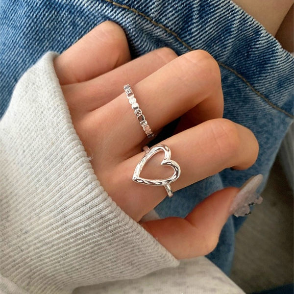 Sterling Silver Hellow Heart And Lava Square Rings ( 2 Pcs )