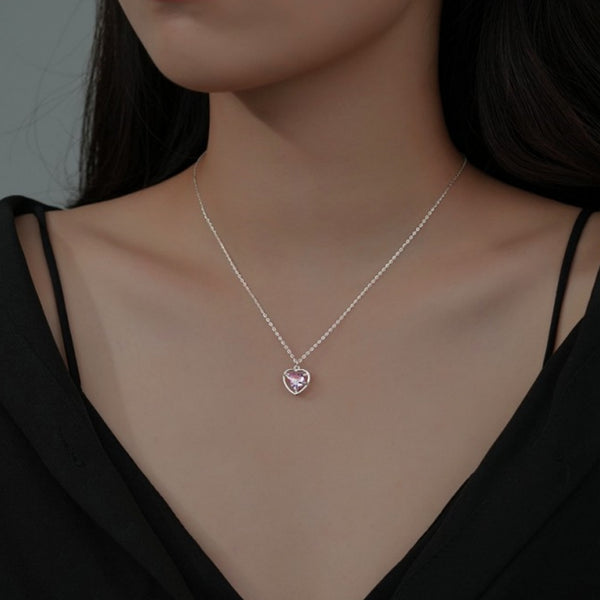 Sterling Silver Hollow Pink Diamond Heart Necklaces