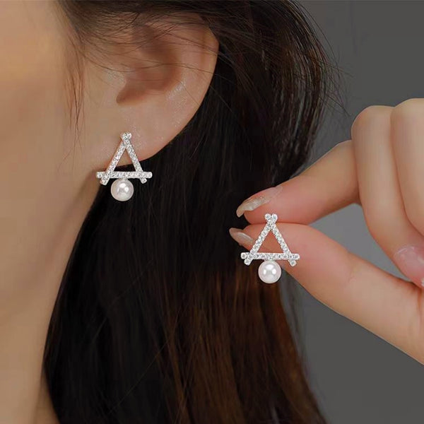 Sterling Silver Hollow Triangular Pearl Stud Earrings