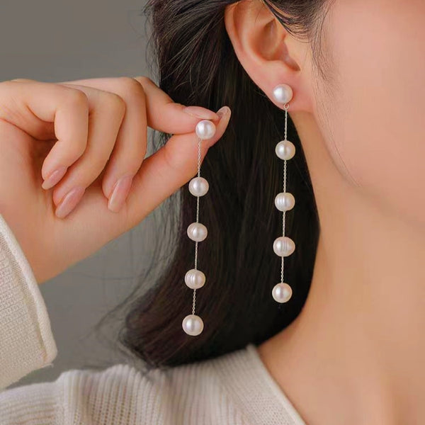 Sterling Silver Long Pearl Earrings