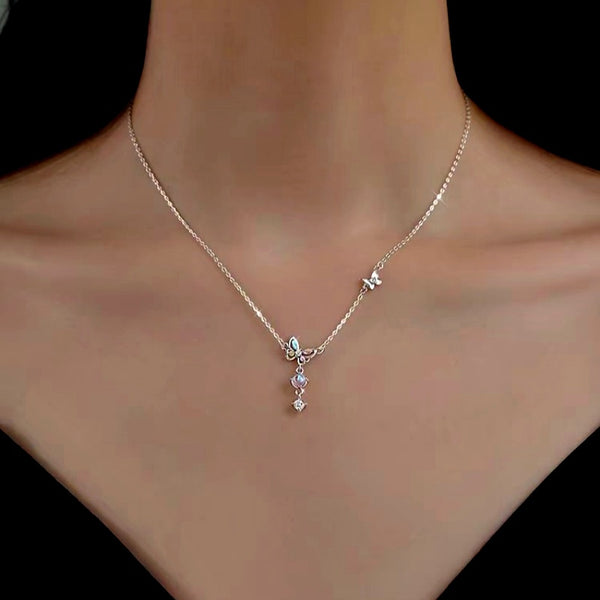 Sterling Silver Luxury Colored Diamond Butterfly Moonstone Clavicle Necklaces