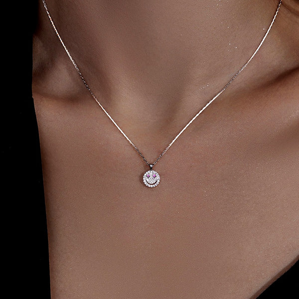 Sterling Silver Luxury Diamond Smiley Face Necklace