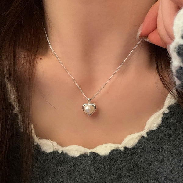 Sterling Silver Luxury Heart-Design Pearl Necklaces