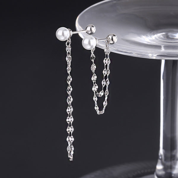 Sterling Silver Luxury Screw Twist Pearl Chain Earrings