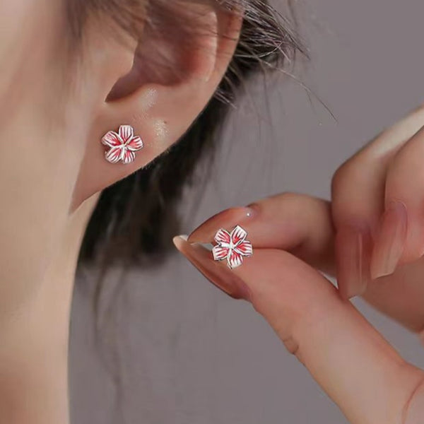 Sterling Silver Peach Red Five-Petal Flower Earrings