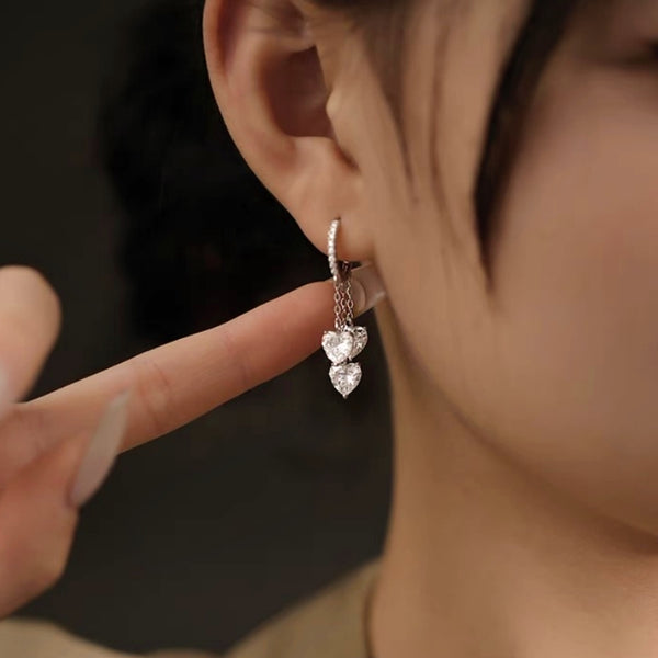 Sterling Silver Pearl Zircon Heart-Design Earrings