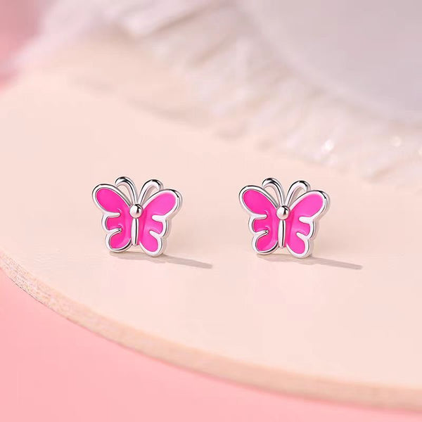 Sterling Silver Pink Butterfly Studs