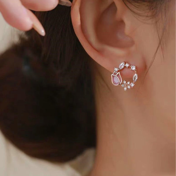 Sterling Silver Pink White Zircon Tulip Hoop Flower Stud Earrings