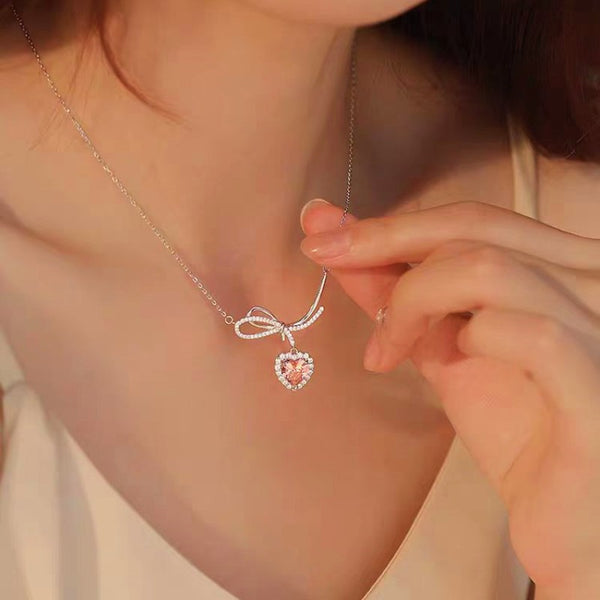 Sterling Silver Pink Zircon Heart-Design Bow Necklaces