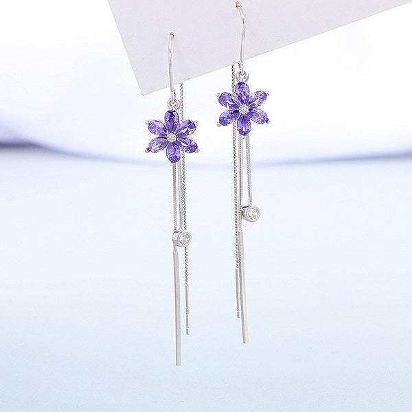 Sterling Silver Purple Zircon Flower Tassel Threader Earrings