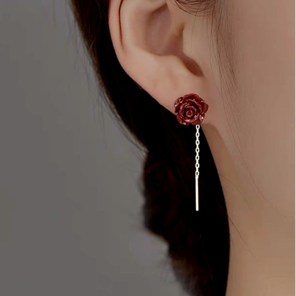 Sterling Silver Red Rose Threader Earrings