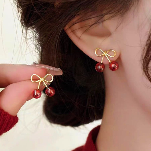 Sterling Silver Red Stone Zircon Cherry Stud Earrings