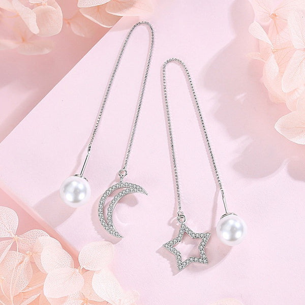 Sterling Silver Star And Moon Pearl Threader Earrings