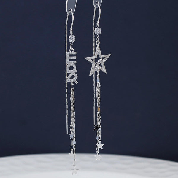 Sterling Silver Star LUCKY Tassel Threader Earrings