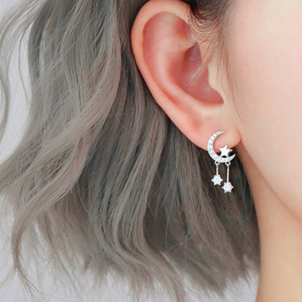 Sterling Silver Star Moon Zircon Earrings