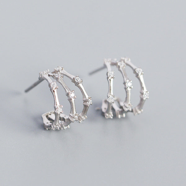 Sterling Silver Three-Layer Bamboo Inlaid Diamond C-Shaped Earrings