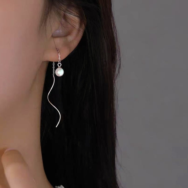 Sterling Silver Wavy Artificial Pearl Threader Earrings