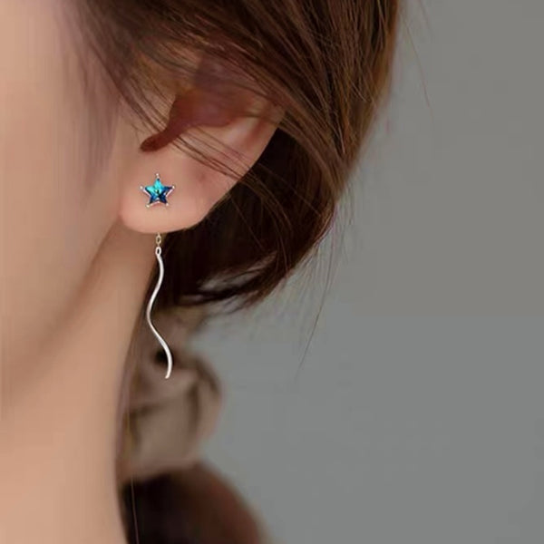 Sterling Silver Wavy Blue Star And Moon Threader Earrings