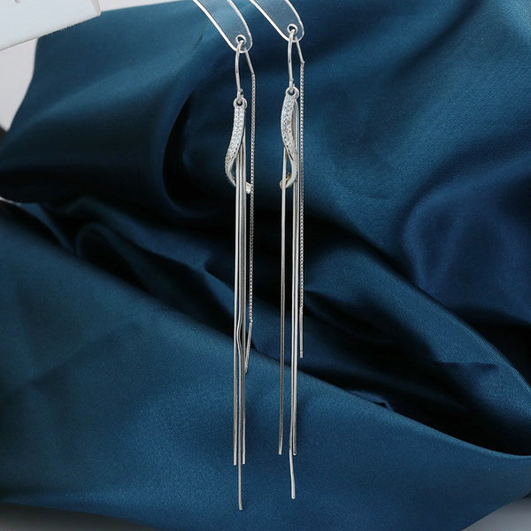 Sterling Silver Wavy Diamond Tassel Threader Earrings
