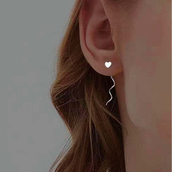 Sterling Silver Wavy Heart-Design Threader Earrings