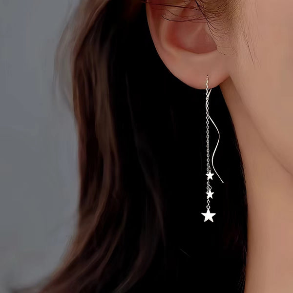 Sterling Silver Wavy Large And Small Star Threader Earrings