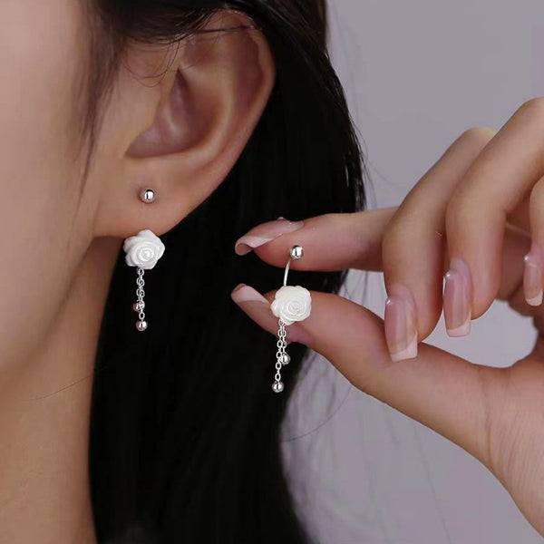 Sterling Silver White Rose Earrings