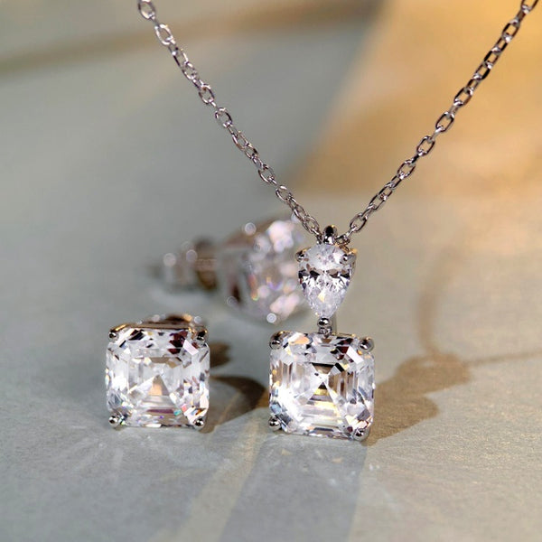 Sterling Silver Zircon Carbon Diamond Earrings And Necklace Set