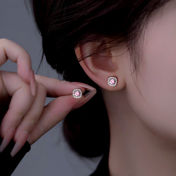 Sterling Silver Zircon Diamond Sugar Cube Stud Earrings