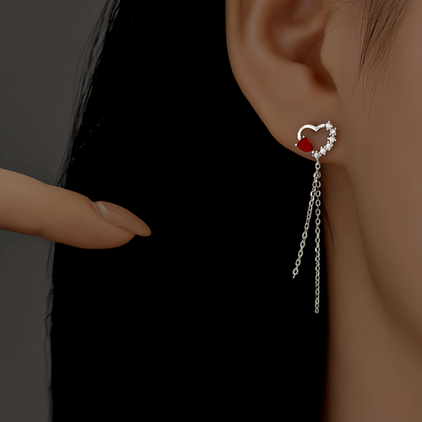 Sterling Silver Zircon Red Diamond Heart Tassel Earrings