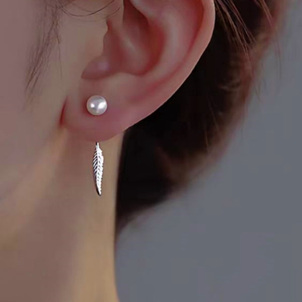Sterling Silver pearl Feather Earrings