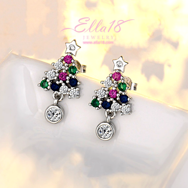 Sterling Silver Colorful Zircon Diamond Christmas Tree Earrings