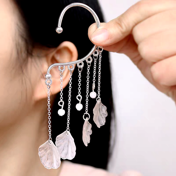 White Petal-Shaped Tassel Ear Cuffs