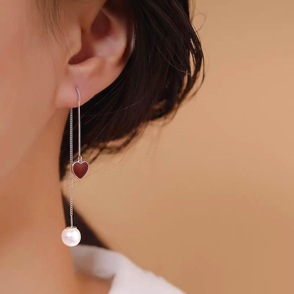 Sterling Silver Heart Artificial Pearl Threader Earrings