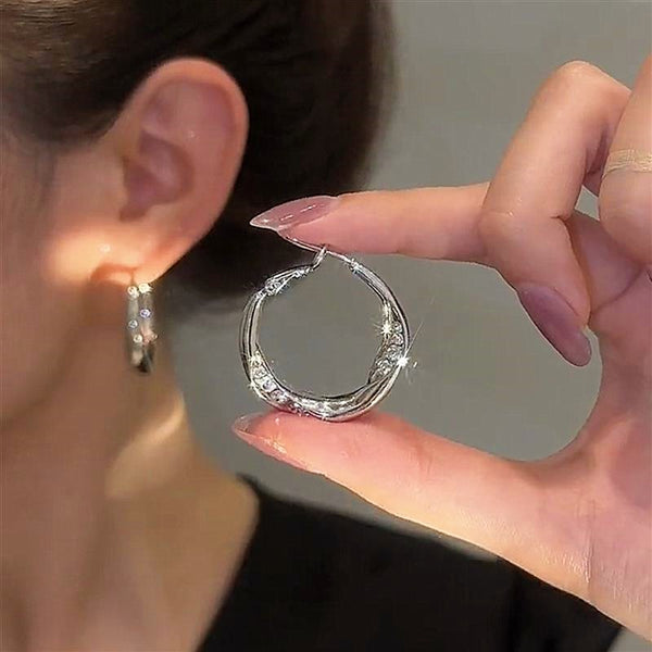 14K Gold-plated Diamond-Studded Metal Hoop Earrings